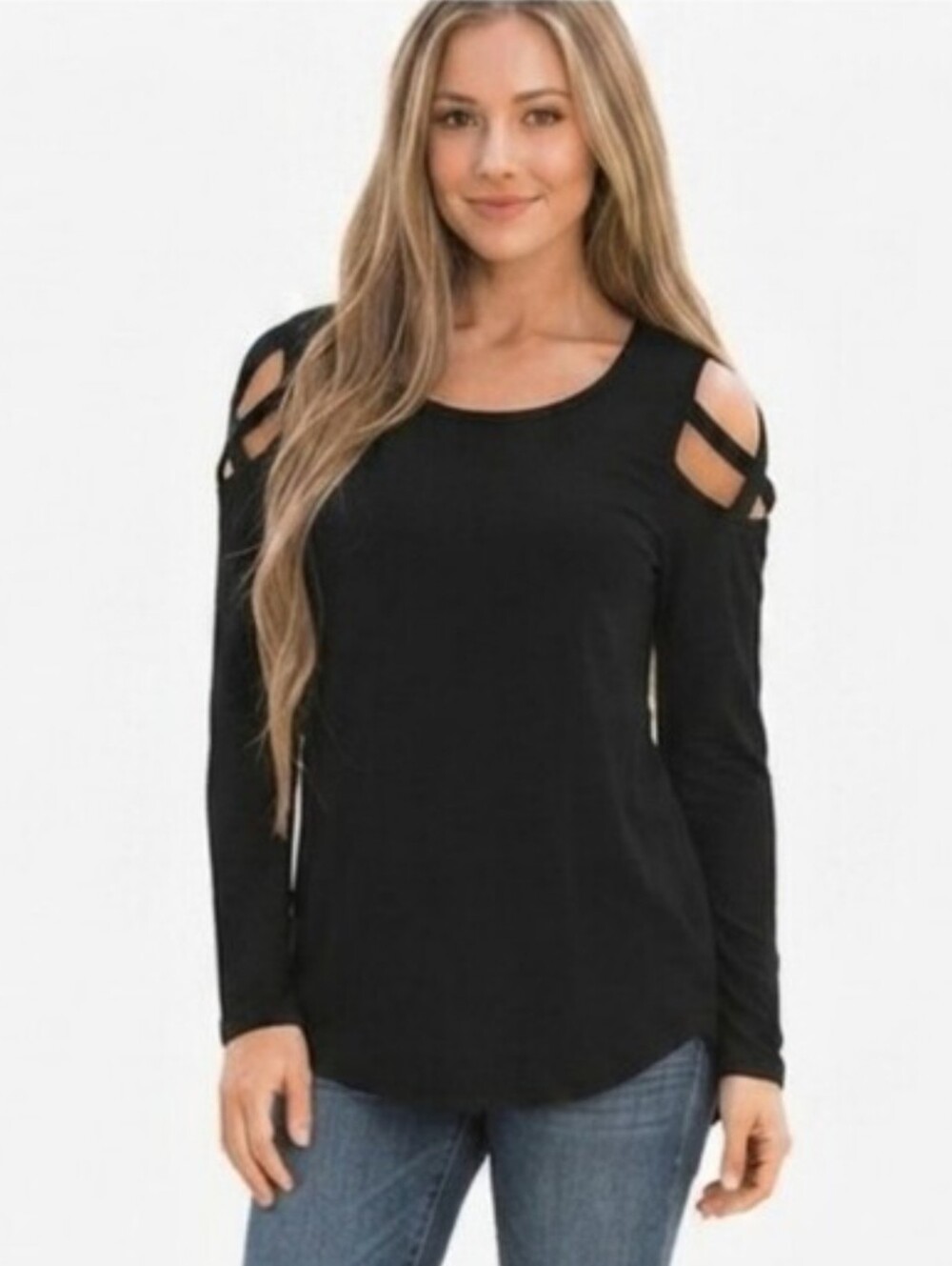 SARIN MATHEWS Long-Sleeve Criss-Cross Strap Cold Shoulders Blouse